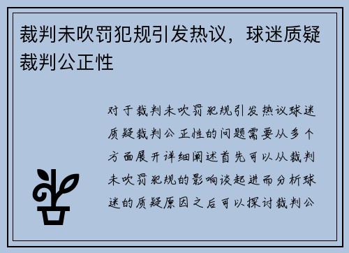 裁判未吹罚犯规引发热议，球迷质疑裁判公正性